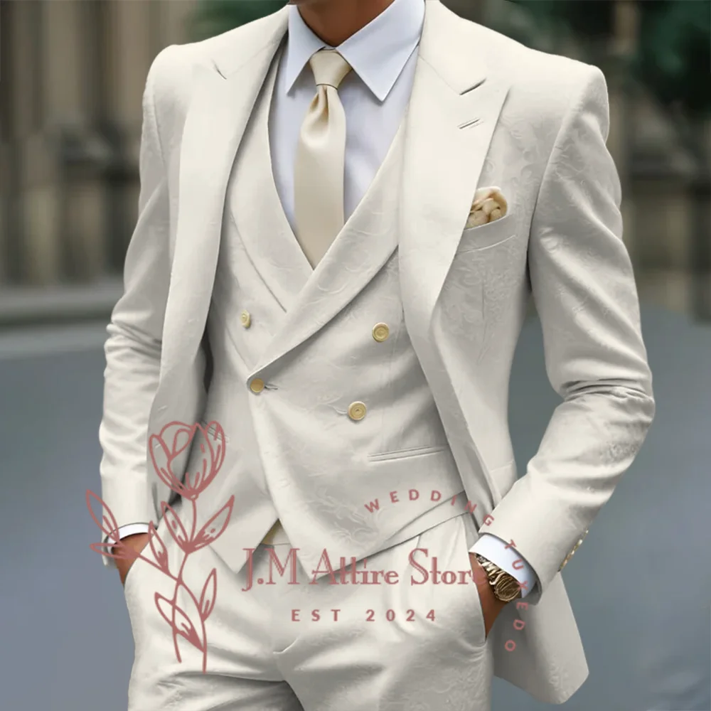 Wit jacquard herenpak 3-delig jasje vest broek formeel elegant stijlvol op maat gemaakt set voor bruiloft cocktail diner feest smoking