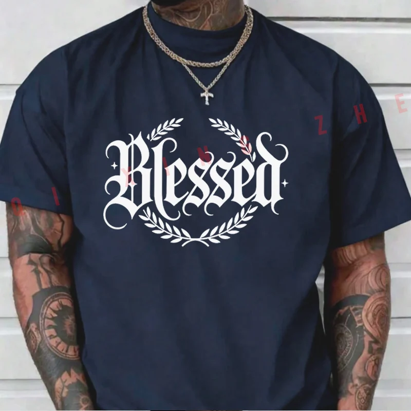 2026 Men T Shirt Creative Blessed Letter Print Motorcycle T-Shirt Cotton Men‘s Summer Short Sleeve Tops Tee