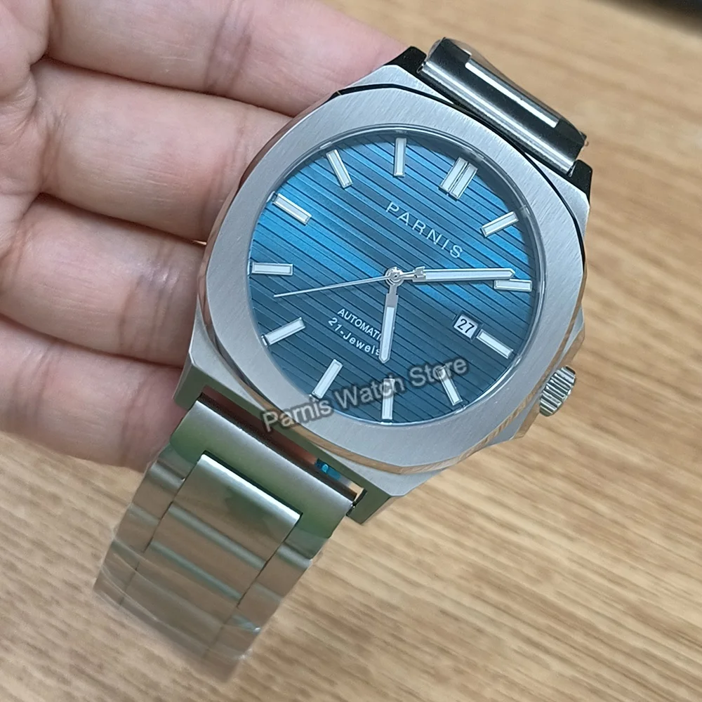 Parnis-reloj mecánico automático de cristal de zafiro para hombre, 42mm, esfera azul, marca luminosa, acero inoxidable 316L