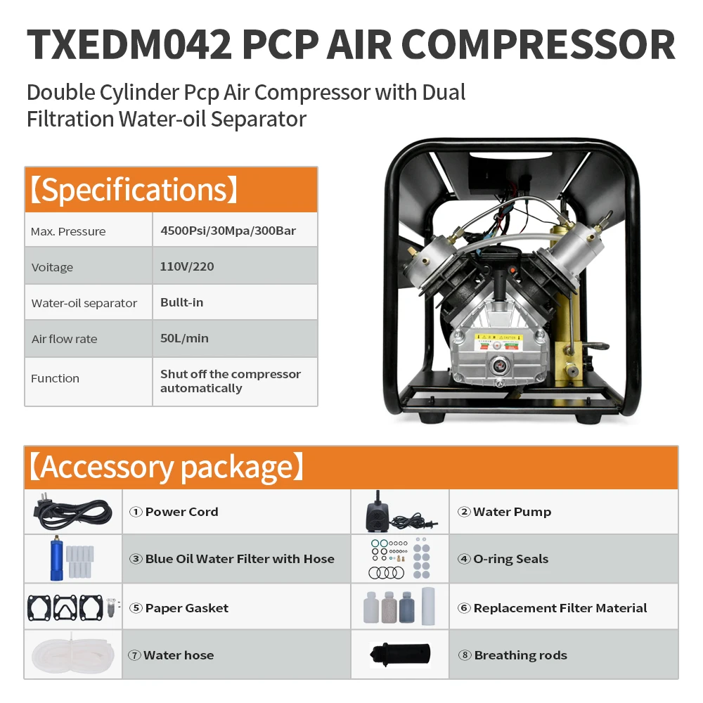 TUXING 300Bar PCP Air Compressor 4500Psi High Pressure Diving Compressor Built-in Filter Auto-stop for Scuba 6.8L Tank TXEDM042 view 6