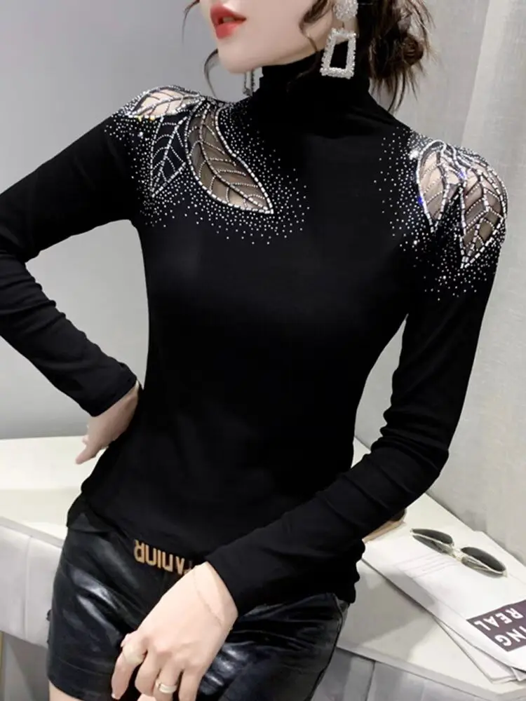 2024 New Arrival Diamond Set T-shirt Autumn Winter Woman M-3XL Long Sleeve Stand Collar High quality Cotton Velvet Hollow Out