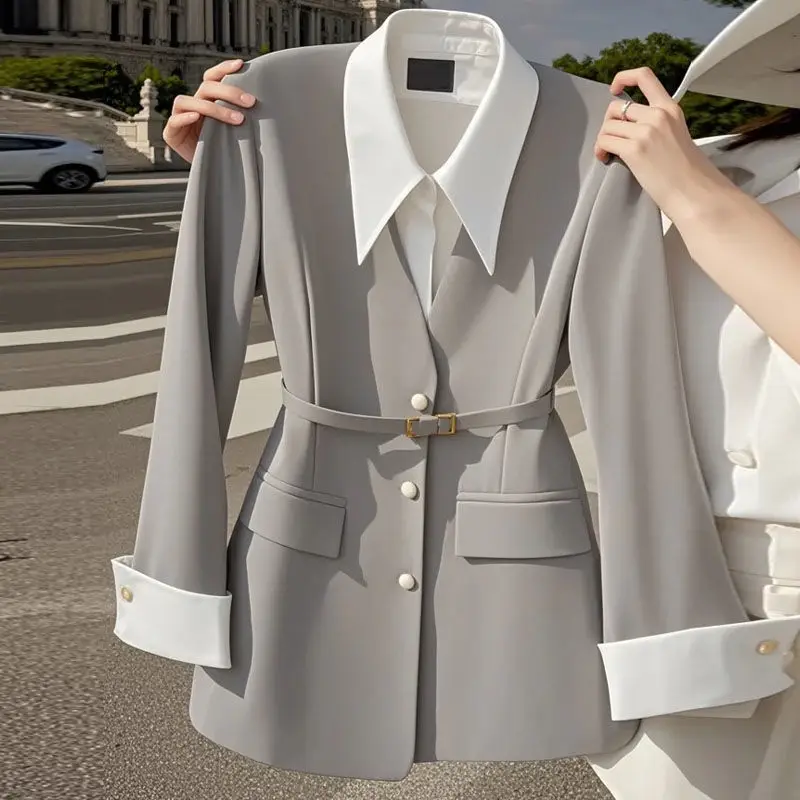 Black Fake Two-Piece Women's Niche Design Korean Style Waist-Cinching Small Blazer