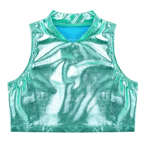 Kids Girls Tank Crop Top Sleeveless T-Shirt Shiny Metallic Turtleneck Vest Yoga Jazz Ballet Dance Costume Gymnastics Workout