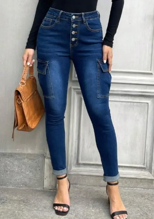 

Women Jeans 2026 Spring Autumn New Solid Color Multi-Pocket Design High Waist Streetwear Casual Skinny Daily Denim Pants