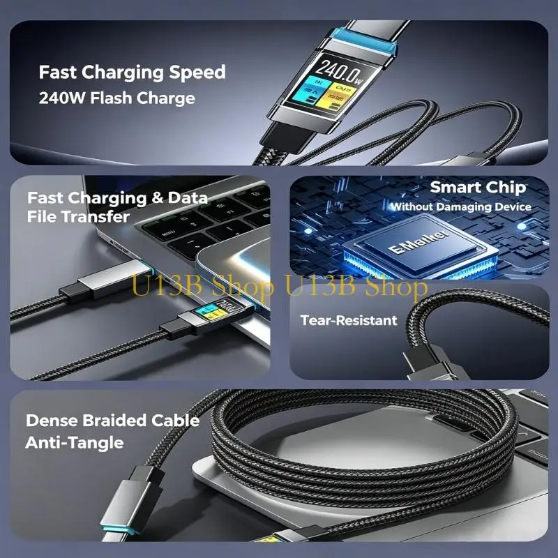 U13B 480Mbps USB C to USB C Cable 240W Textile Cord for Daily Charging