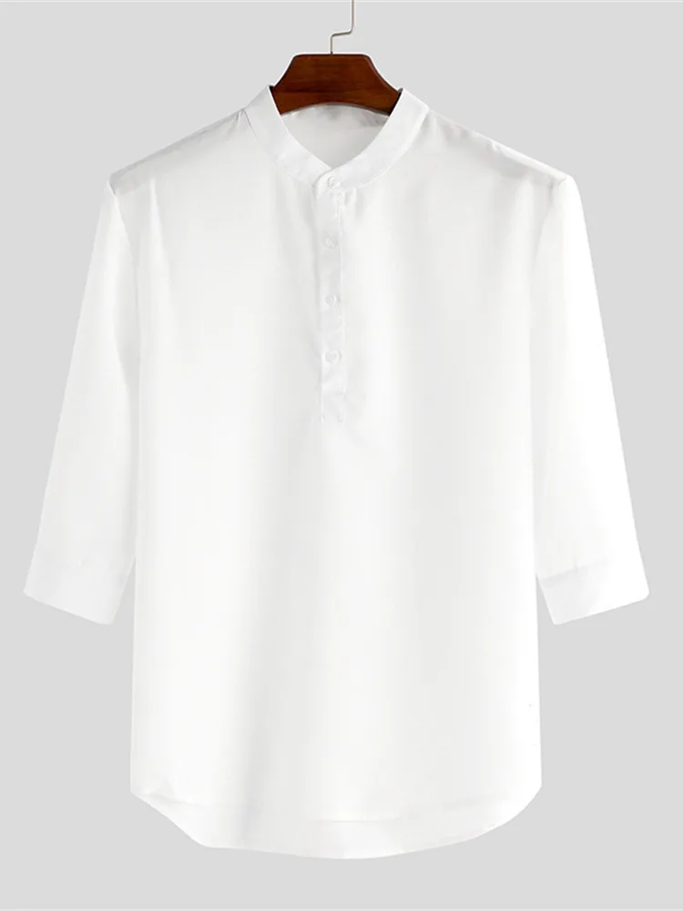 

Мужская повседневная рубашка-поло с рукавом 7/8, лето 2025, большие размеры, ретро, воротник-стойка, дышащая, тонкая, полиэстер