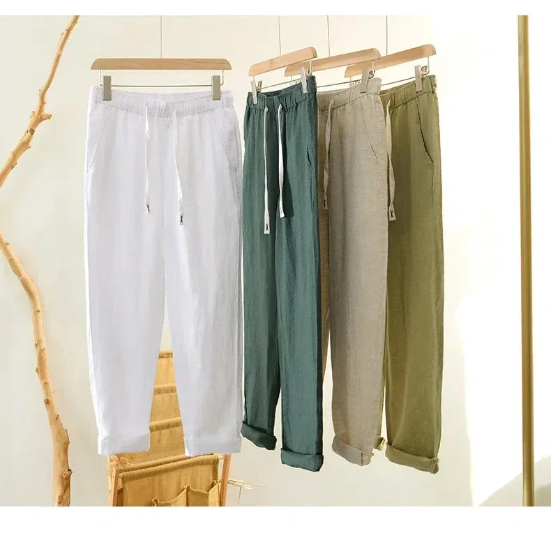 

Japanese Summer Pure Linen Pants Man Breathable Beach Men Pants Casual Drawstring Elastic Waist Straight Full Length Green Pants