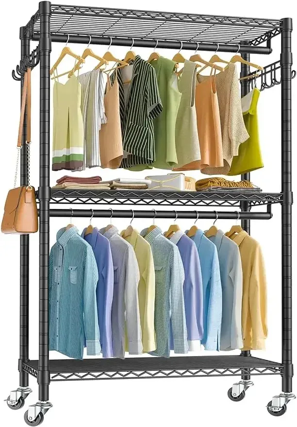 VIPEK V12 Heavy Duty Rolling Garment Rack 3 Tiers Adjustable Wire Shelving Clothes Rack with Double Rods and Side Hooks