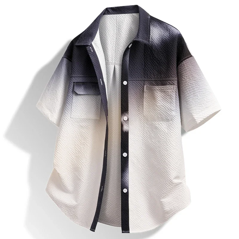 LIBIELIY   Men Shirt Short Sleeve Shirt Casual Loose Fashion Color Block Gradient Hong Kong Style Popular Design Hawaiian