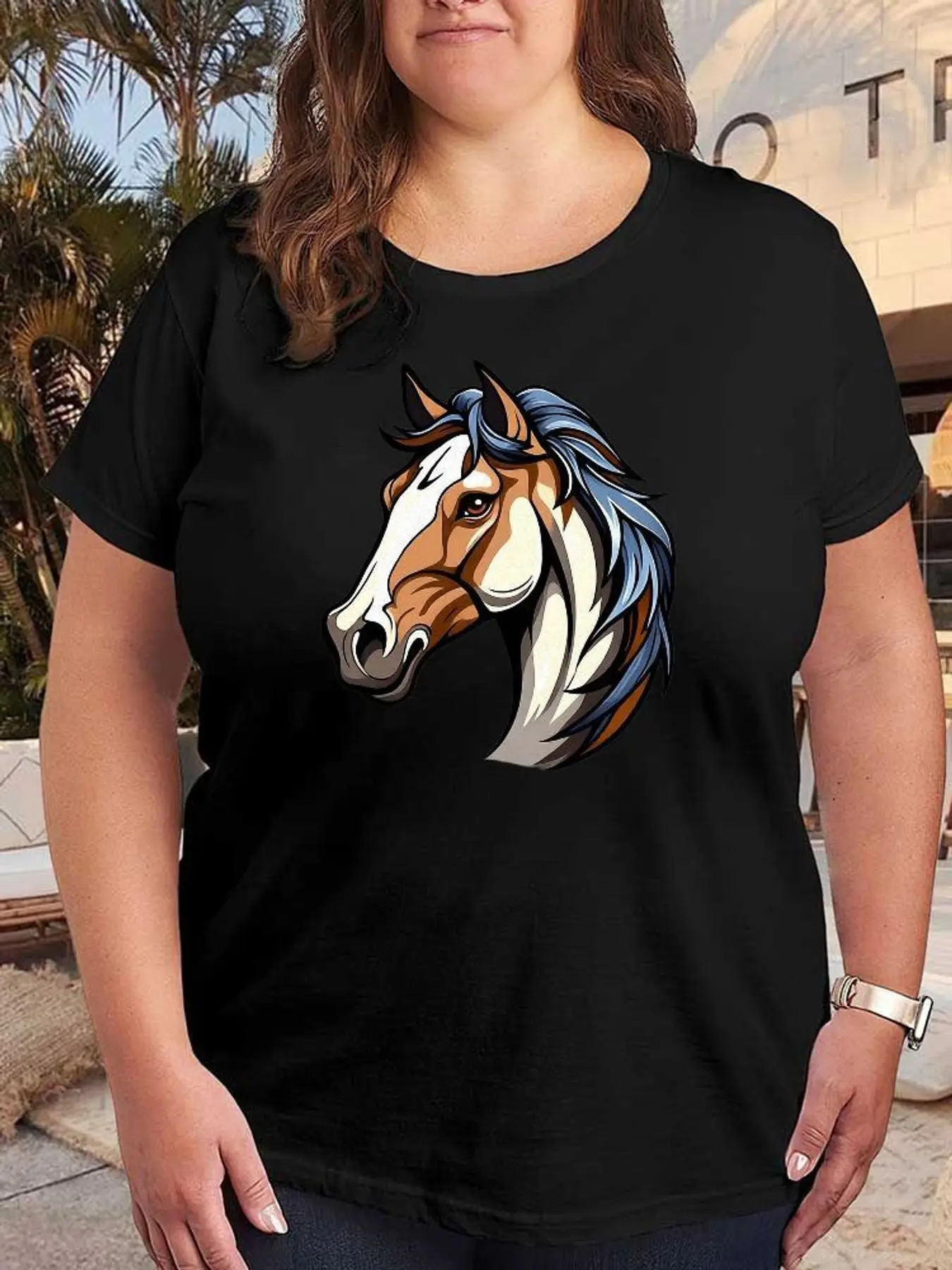 Horse Graphic Print Women T Shirt Fashion Stretchy Plus Size Short Sleeve Casual Tee Summer Soft Cotton Tops Clothes