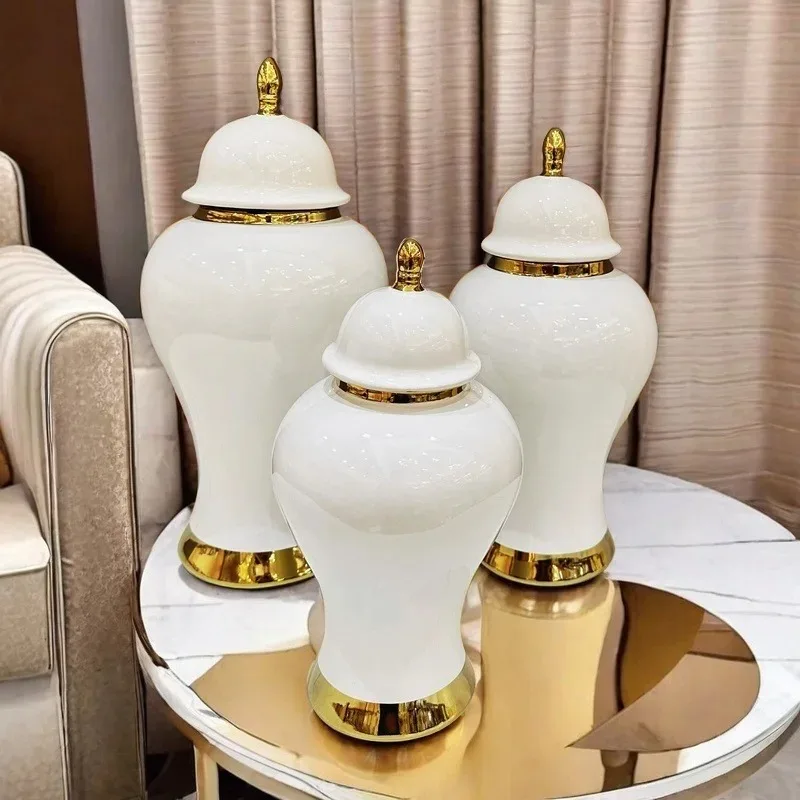 Creative vase ceramic general jar light luxury electroplated vase white gold border storage and storage jar  home decoration