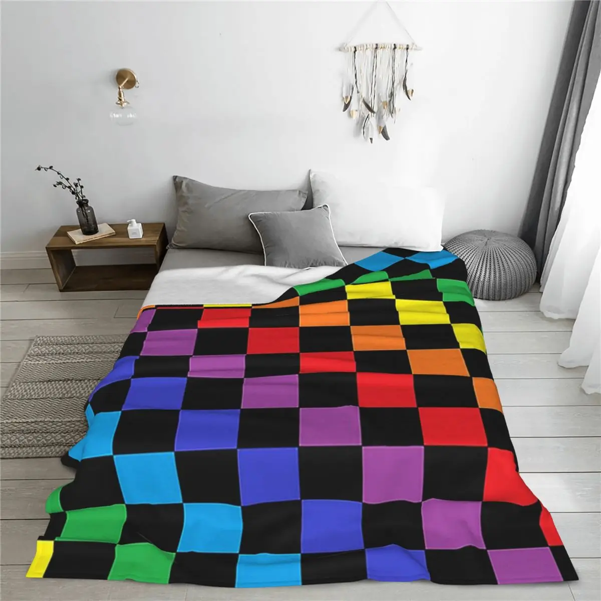 

Checkered Rainbow Black Blankets Fleece Sofa Lightweight Throw Blankets for Couch Bedding Outdoor Throws Bedspread Quilt