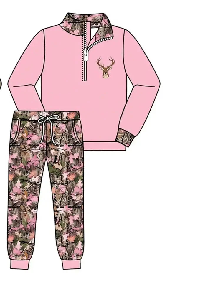 Kids Western Hunting Outfit Camo Trim Quarter Zip Sweatshirt Camo Jogger Pants Set Boys Girls Duck Deer Dog Fall Casual Clothes