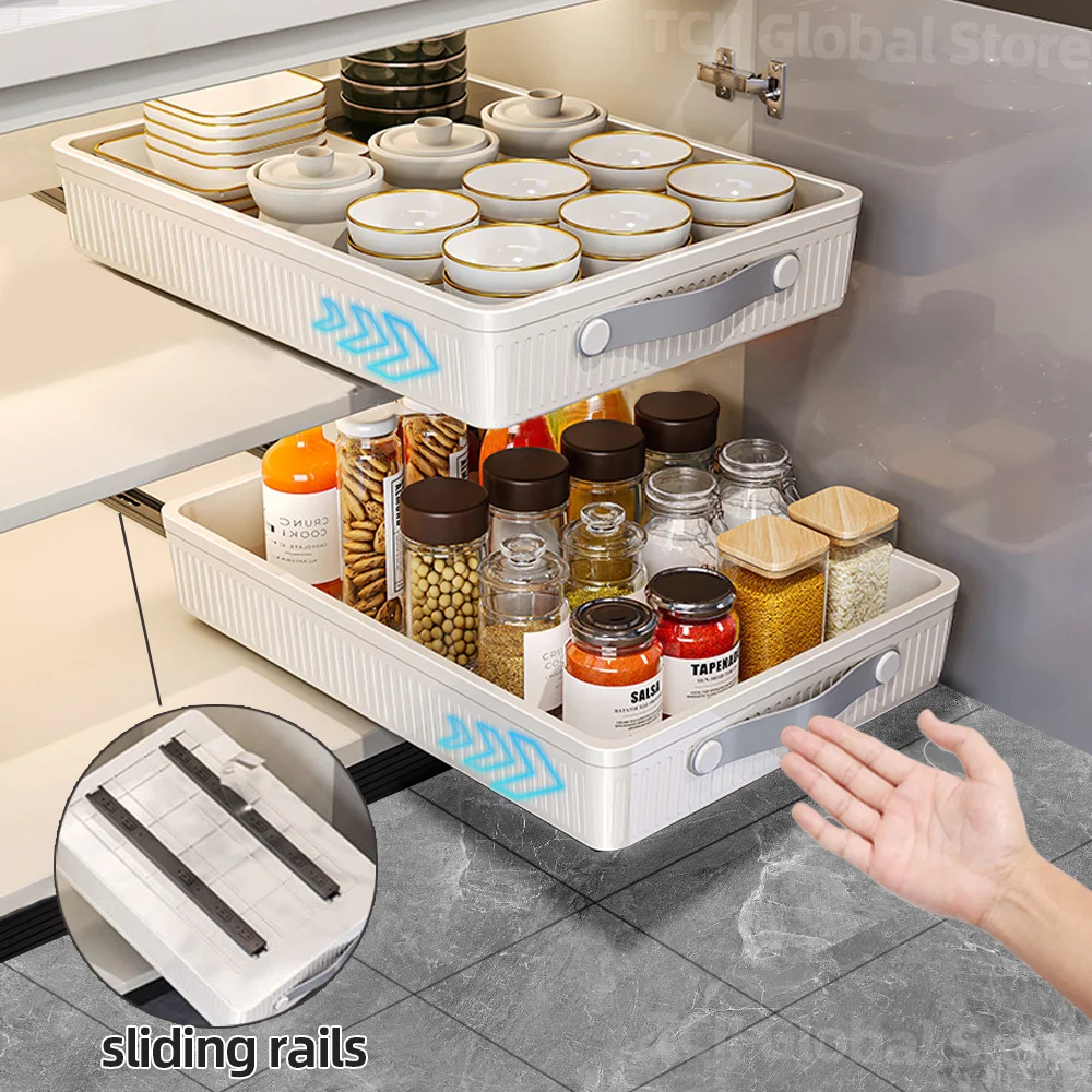 

Kitchen Sliding Cabinet Shelf with Slide Rails Drawer Pull Out Storage Tray Spice Rack Bowl Dish Shelf Pantry Kitchen Organizer