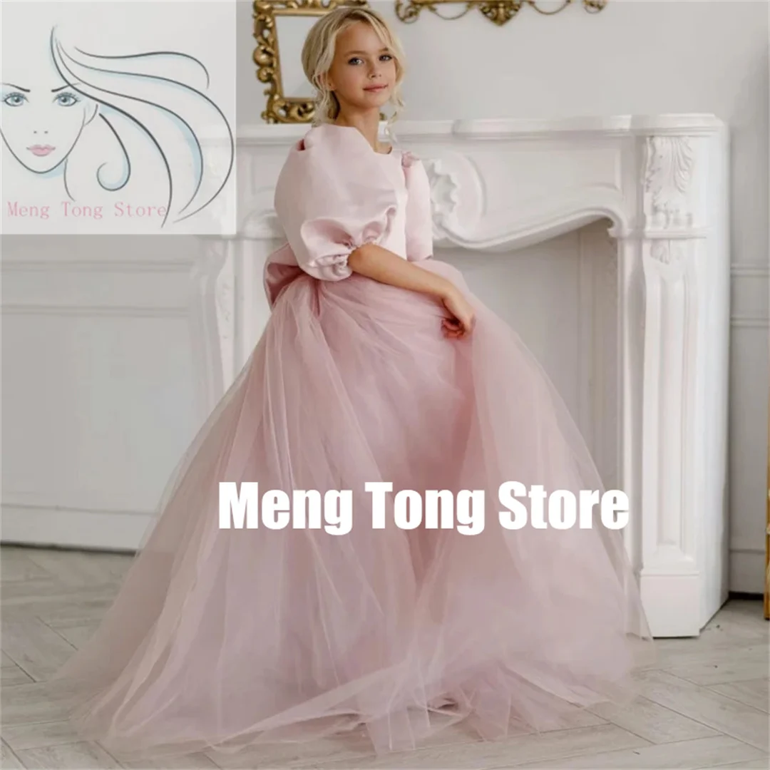 flower-girl-dresses-pink-tulle-puffy-with-bow-short-sleeve-for-wedding-birthday-party-banquet-princess-gowns