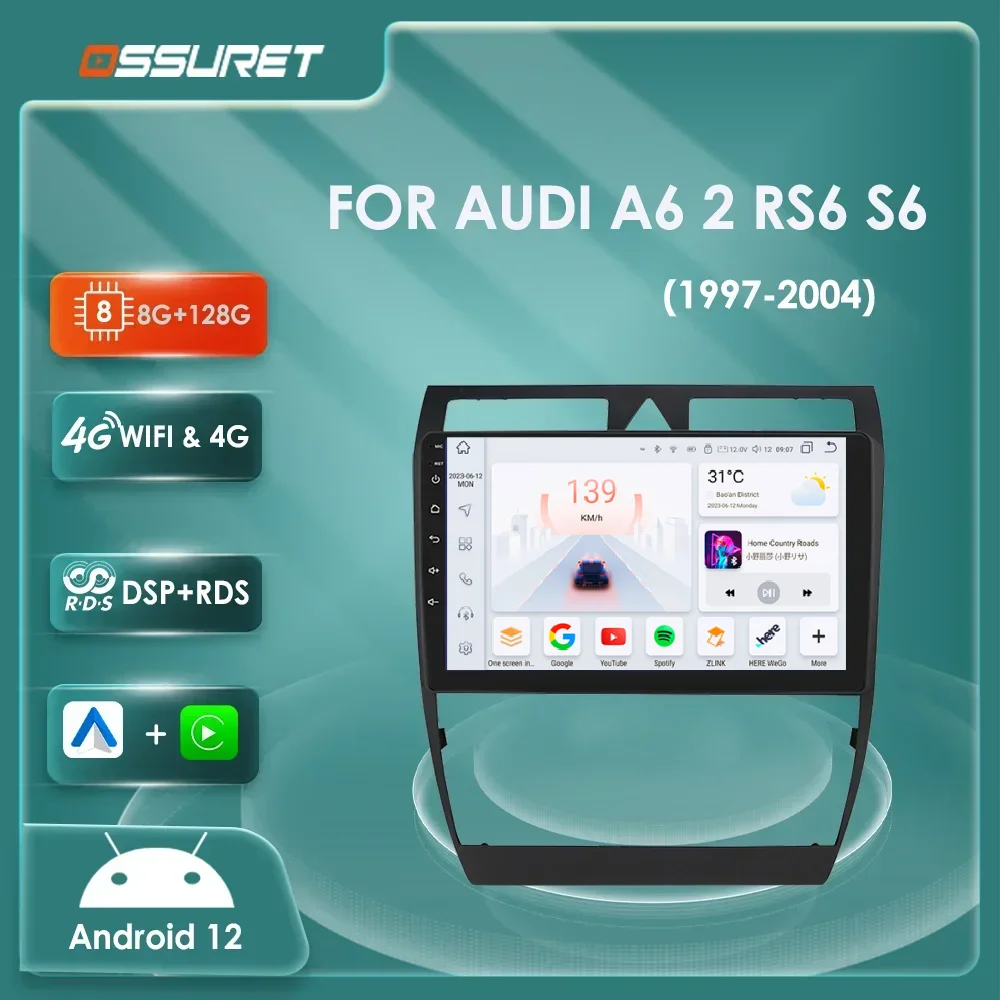 

2din Android 12 Автомобильный радиоприемник GPS Стерео для Audi A6 C5 1997-2004 S6 RS6 Мультимедийный плеер 4G 8 ядер Авторадио 7862 Carplay Экран FM