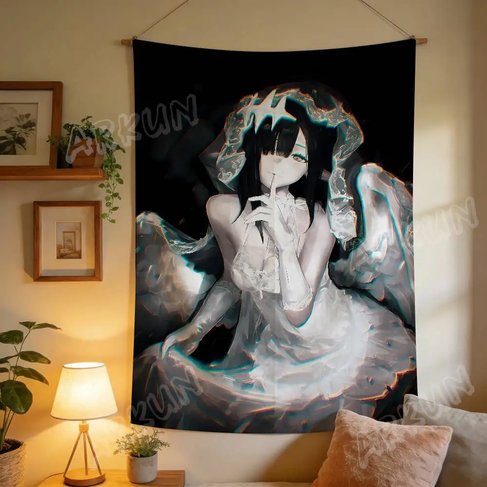 Dark Gothic Angel Girl Tapestry, Monochrome Glitch Style Anime Girl Wall Hanging, Mysterious White Veil Lady Home Decor