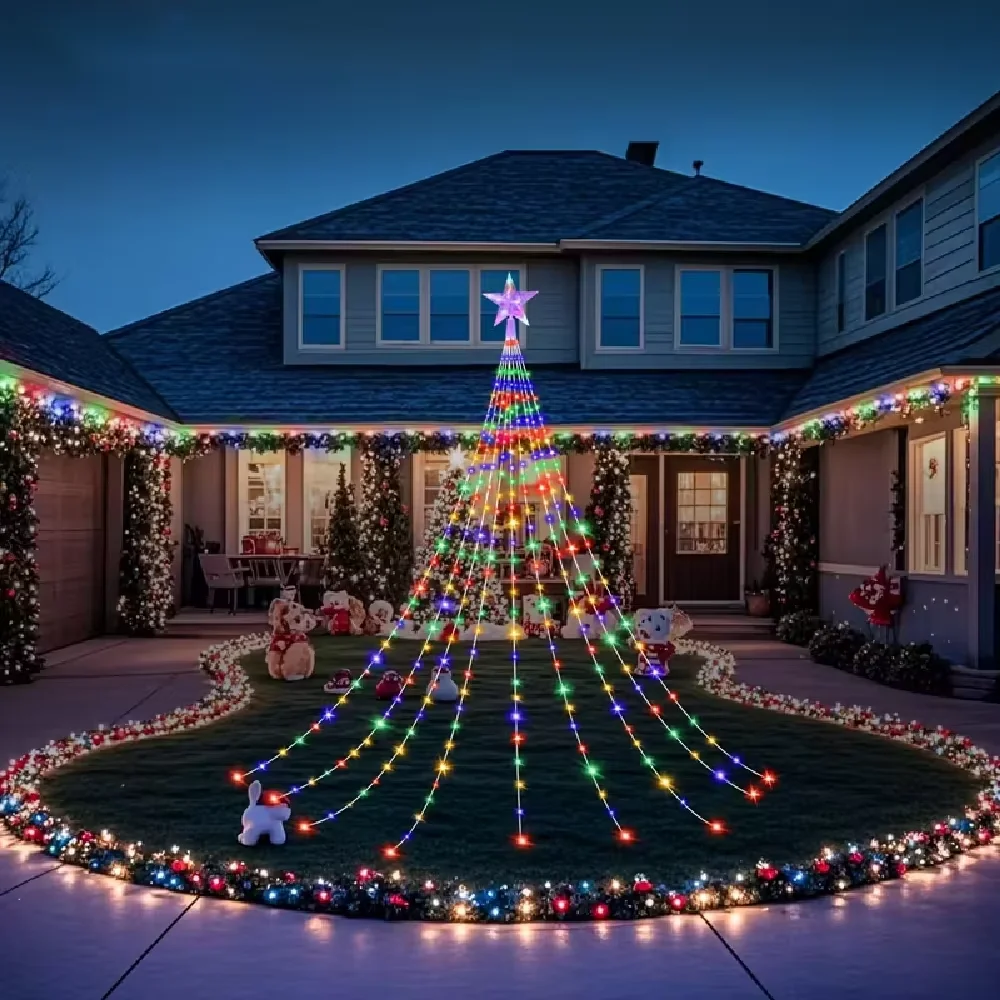 Star Waterfall Solar Light String Outdoor Christmas Tree 8 Modes for Balcony Terrace Wall Hanging Holiday Festival Warm Lighting