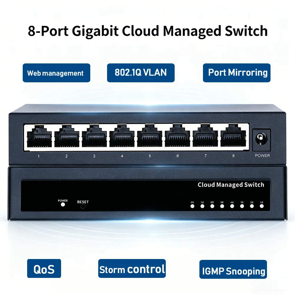 8/5 Port Gigabit Web Managed Switch Metal Fanless Home Lab Network Switch Link Aggregation/VLAN/QOS/IGMP/AI Port Monitoring