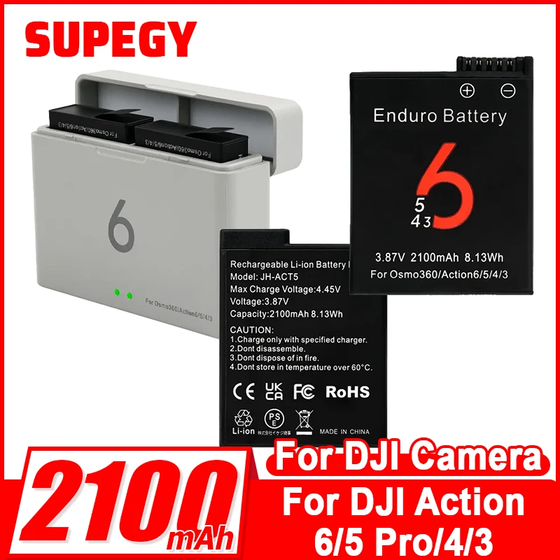 2100mAh Camera Battery for DJI Osmo Action 6 Action 5 Pro and 2 Slots Charger for DJI Action 6/5/4/3 Accessories