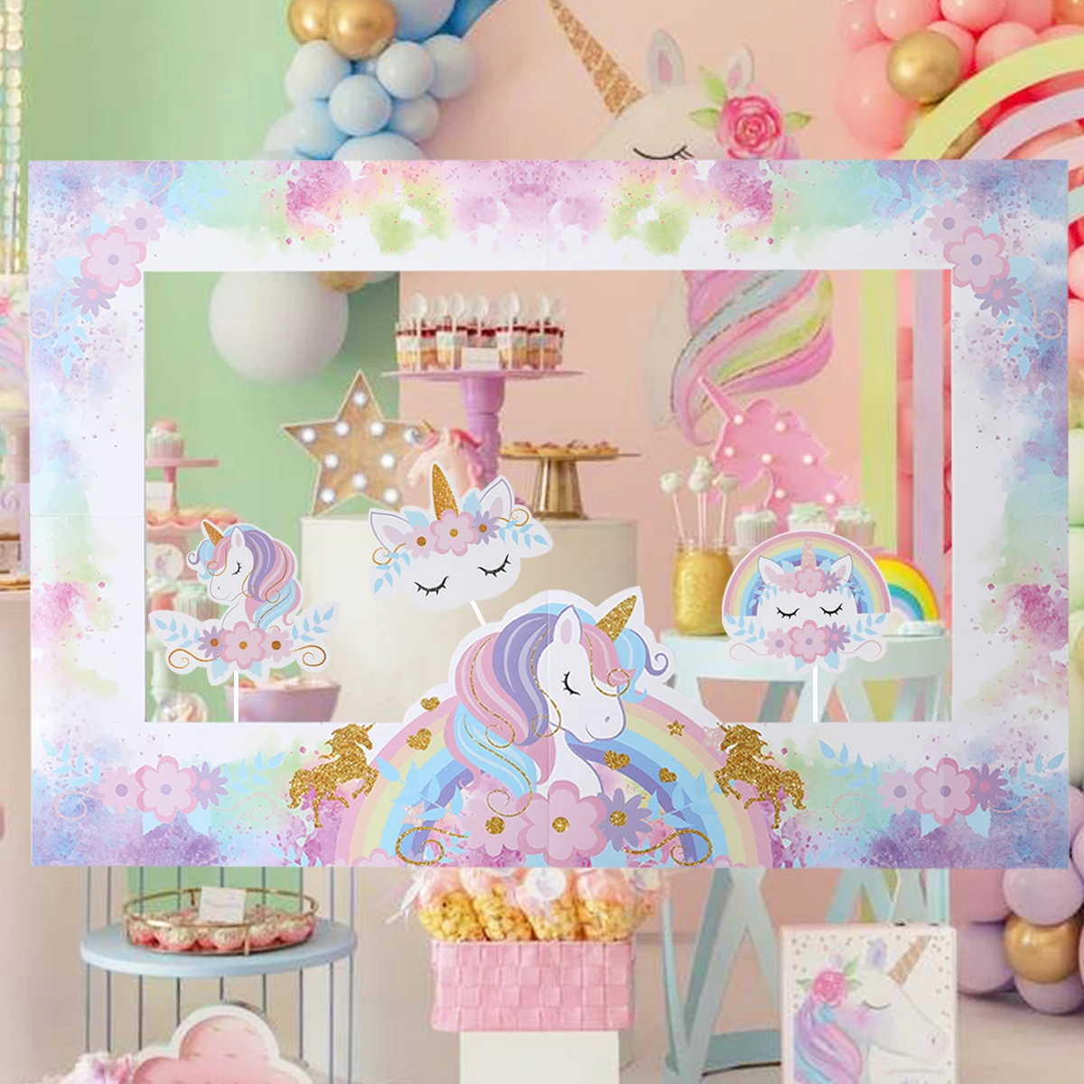 Jednorożec impreza tematyczna papierowa ramka do fotobudki dziewczyny urodziny strzelanie tło rekwizyty ślub wieczór panieński wystrój Baby Shower — zdjęcie 5