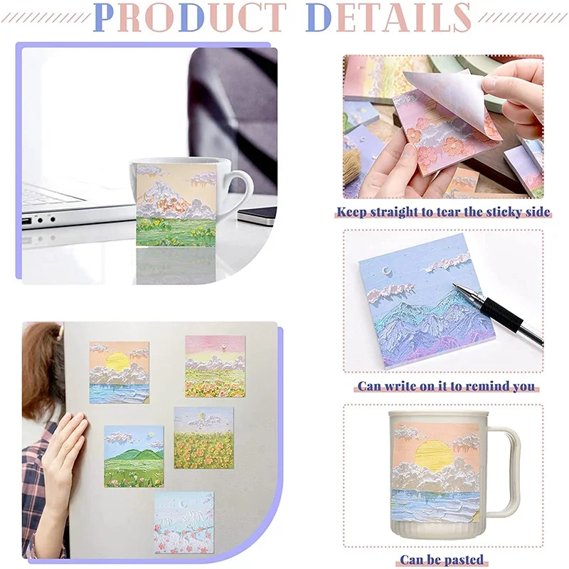 50-80 Sheets Oil Painting Landscape Sticky Notes Adhesive Memo Pad for Office Supplies for to-dos Reminders and Learning Notepad