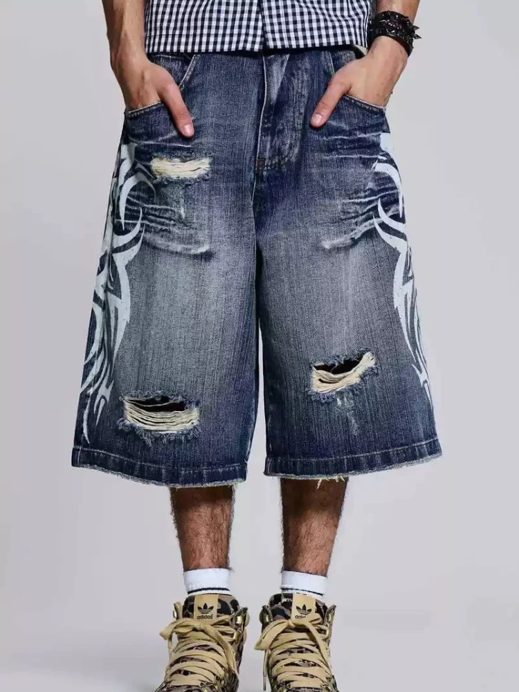 HOUZHOU Gothic Vintage Print Kurze Jeans Damen Grunge Blau Oversize Distressed Jorts Weites Bein Muster Denim Shorts Streetwear