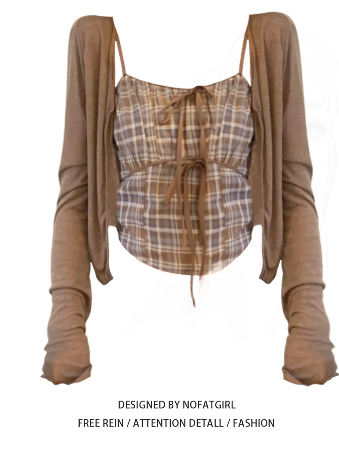 

plus Size Women's Plaid Strap Cardigan Two-Piece Set Slimming Early Autumn High-End Feel Long Sve Commute Sle Faion Set