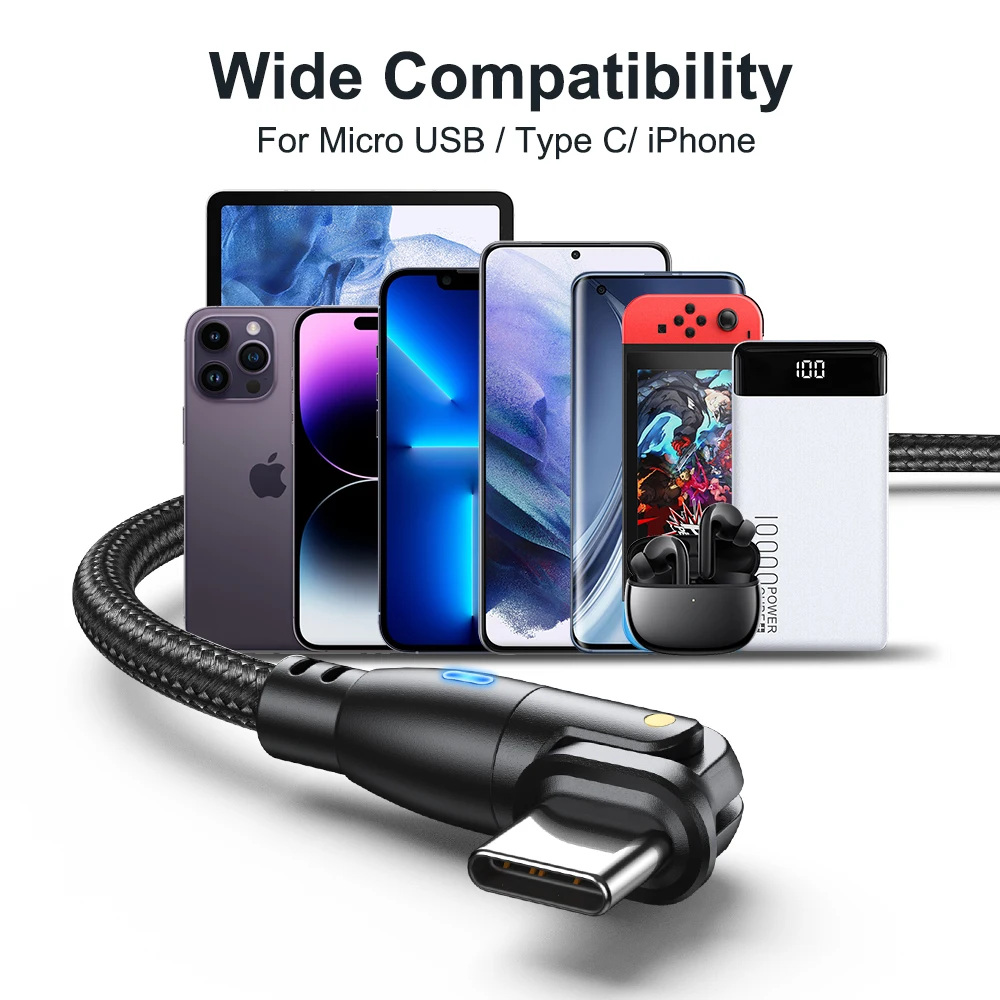 AUFU 180 Rotate USB Type C Cable Fast Charging Wire For Xiaomi POCO Oneplus Huawei for iphone Mobile Cellphone Charger Data Cord