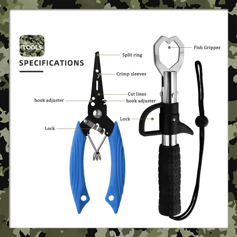 

Набор рыболовных инструментов - захват для рыбы из нержавеющей стали и рыболовные плоскогубцы с рукояткой из TPR, кусачки для лески и открыватель для разъемных колец для морской рыбалки