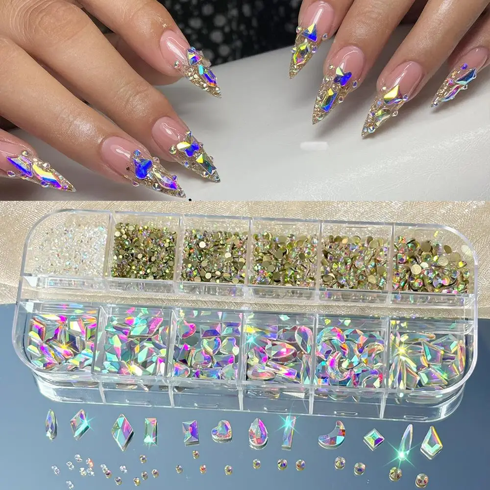 12グリッド3Dサファイアブルーガラスネイルアートラインストーンミックスシェイプフラットバックダイヤモンドネイルデコレーションスパークリングマニキュアジェムストーン