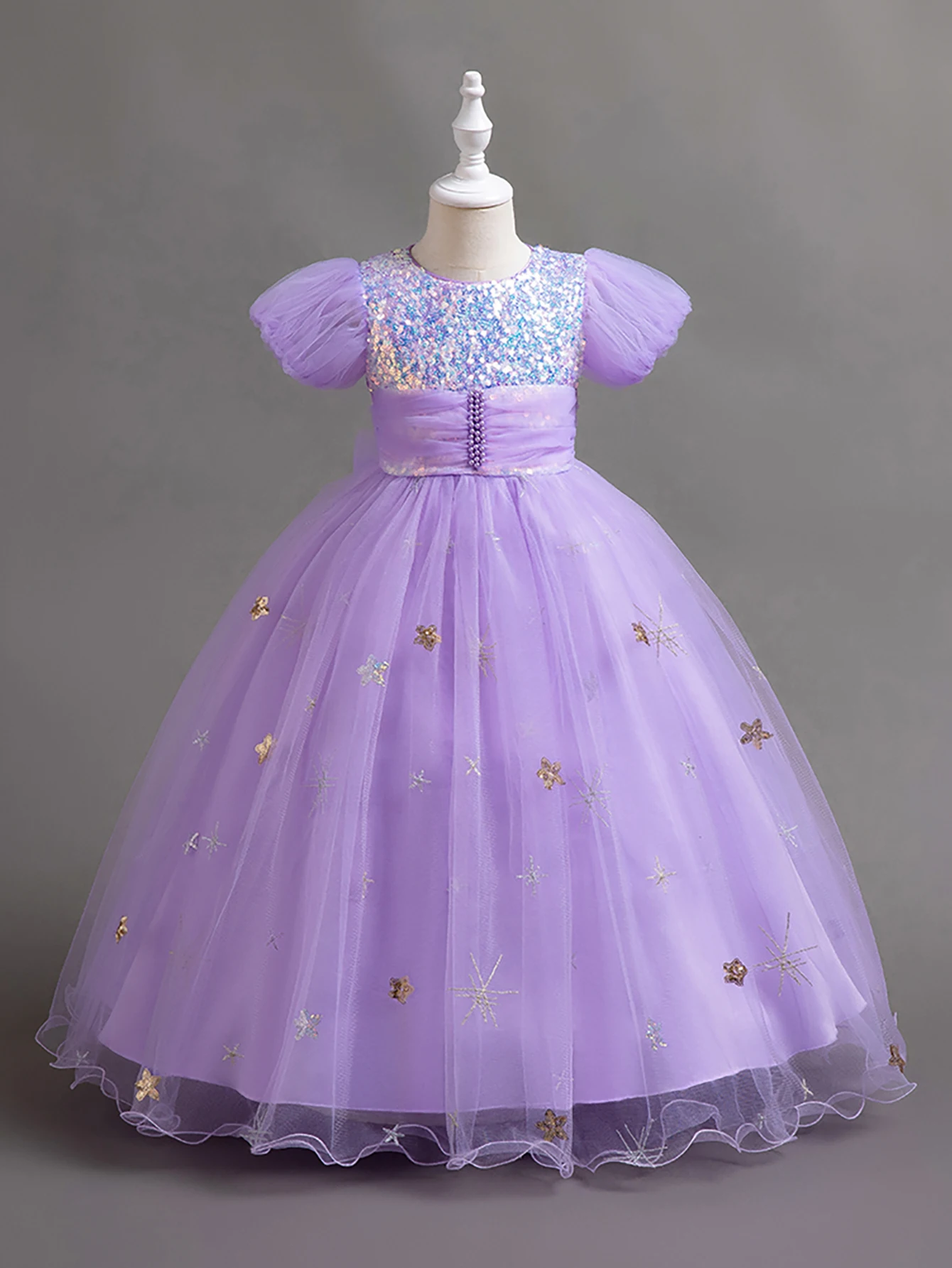 보라색 푹신한 어린이 버블 소매 롱 드레스 파티용 소녀 스팽글 공주 드레스 꽃 소녀 드레스