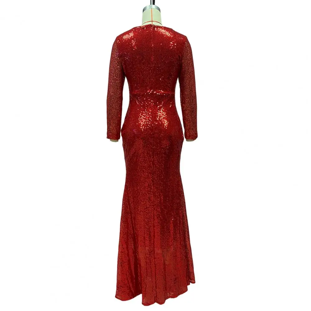 

Red Formal Dress Elegant Sequin Evening Dress with Deep V Neck Slim Fit Fishtail Hem Back Zipper Closure Women's for Special
