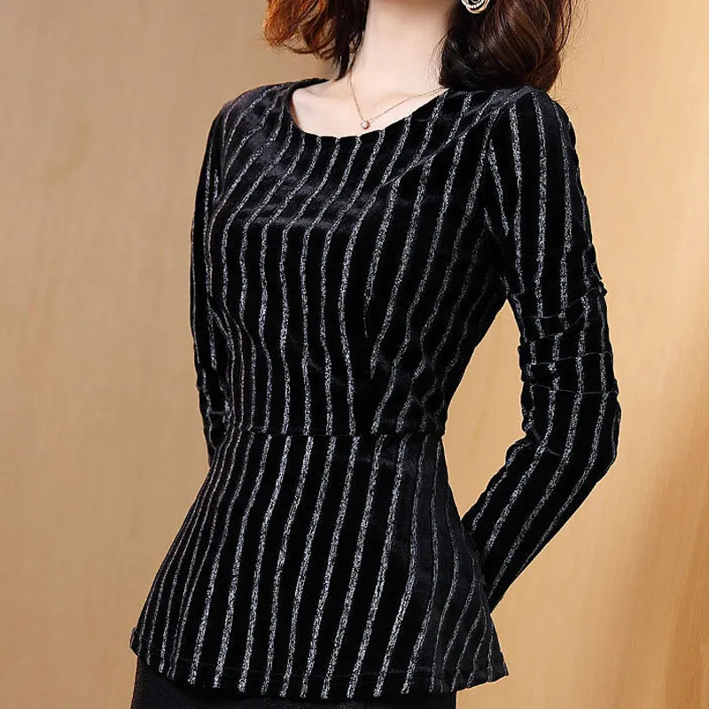 Commute Striped Waist Velvet Pullovers Autumn Winter All-match Long Sleeve Women\'s Clothing Casual O-Neck Korean Slim T-shirt