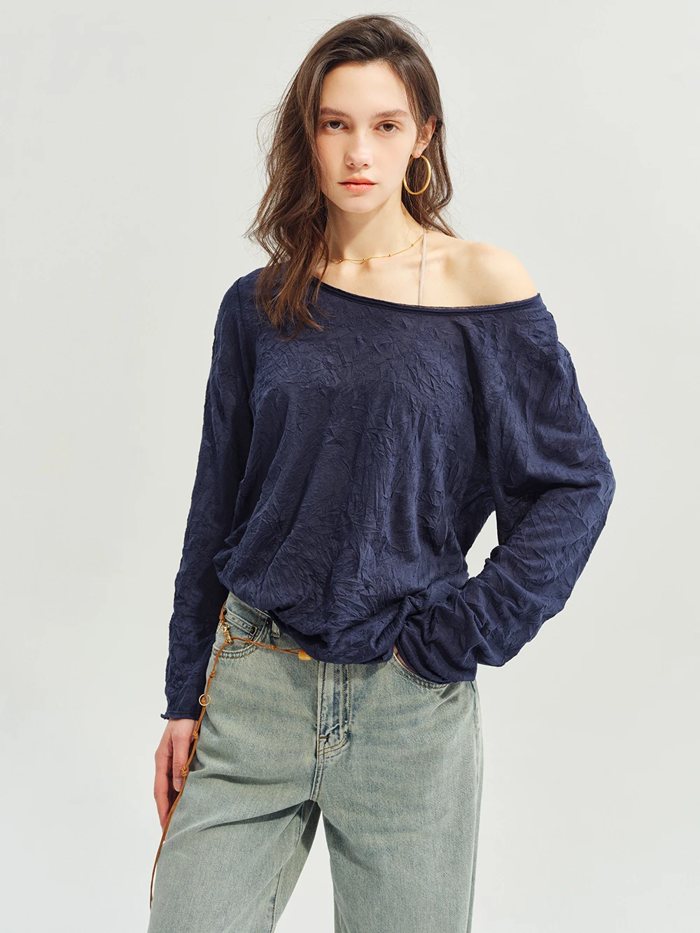 

Loose Fit OWNSONG Women's T-shirt Ultra Thin Soft Long Sleeve Knitted Slant Shoulder Style Comfortable Breathable round Neck Top