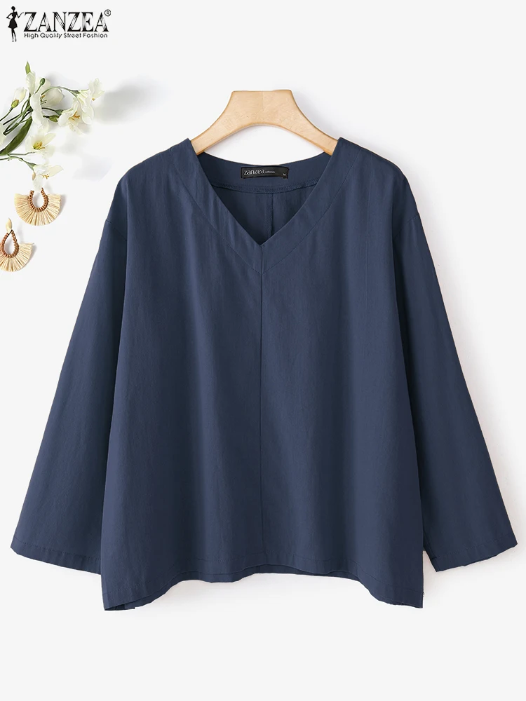 

2025 ZANZEA Women Cotton Blouses Autumn Shirts Casual V Neck Long Sleeve Solid Tops Female Elegant Work OL Blusas Loose Chemise