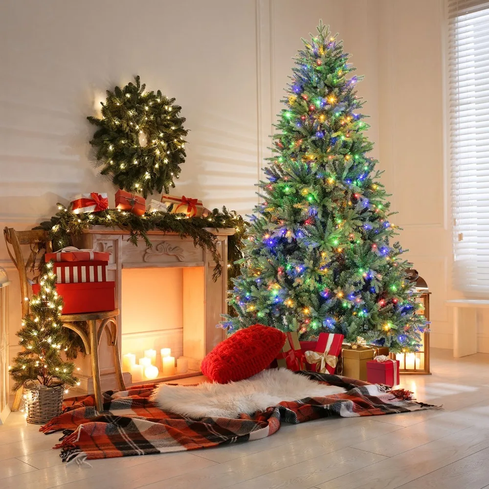 

7 FT Hinged Christmas Tree Pre-Lit Holiday Decoration Tree 2 Lighting Colors