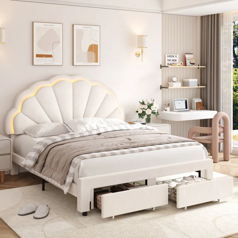 Kainice Mid century Modern Light Headboard king Size Velvet Kid Bed Frame Up-holstered Storage Queens Beds for Bedroom