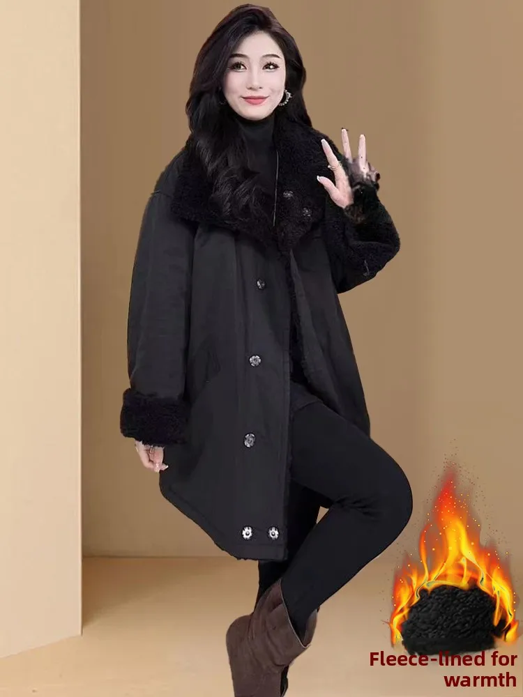 Damska kurtka Thiened Fce o średniej długości, zakrywająca pośladki, model 2025, nowa, zimowa, luźna, wyszczuplająca, skórzana, z futerkiem, zintegrowana góra.