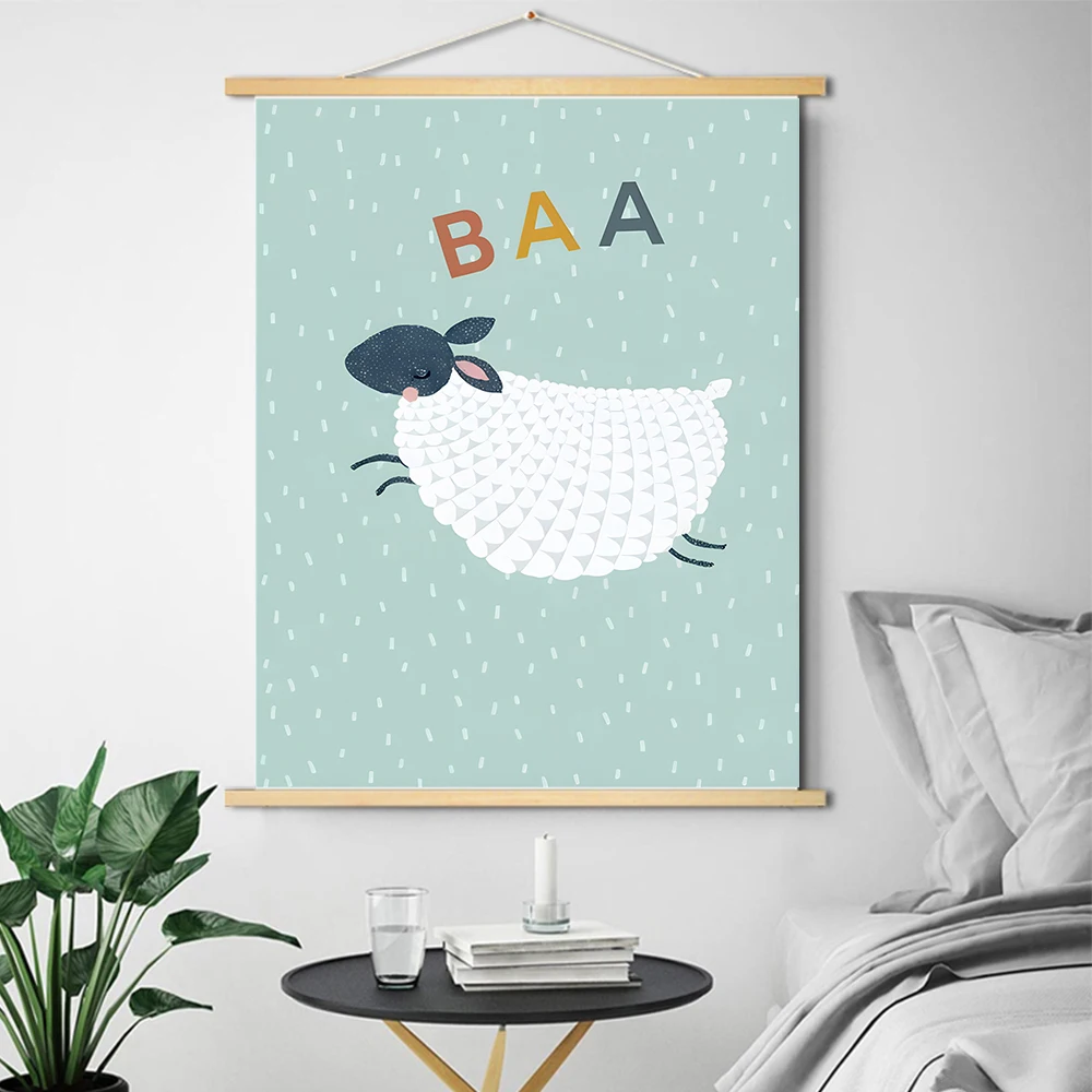 Cute Alpaca Cow Chicken Pig Sheep Nordic Wood Scrolls Painting Wall Art Canvas Painting Animals Pictures For Kids Room Decor