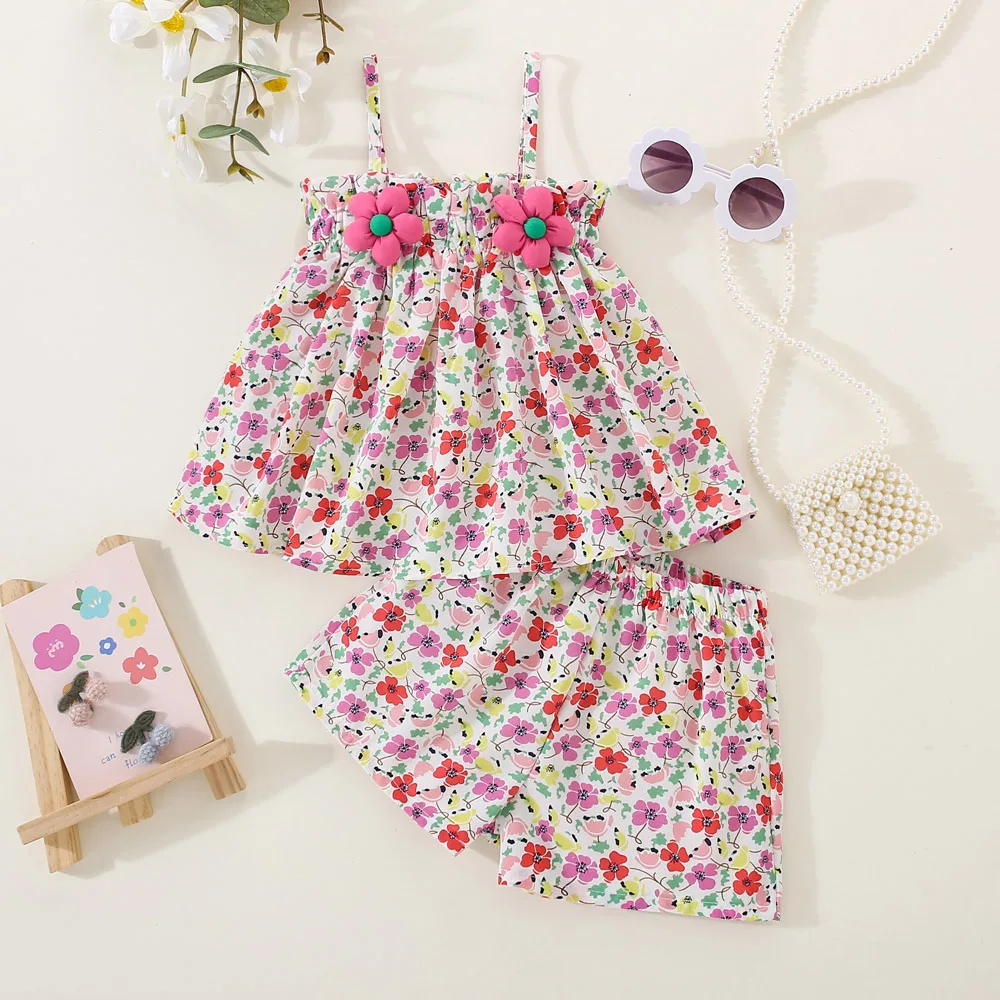 

Summer New Floral Suspender Baby Girl Two-Piece Set, Beach Party Children'S Clothing Suitable For Babies Aged 9 Months - 3 Years