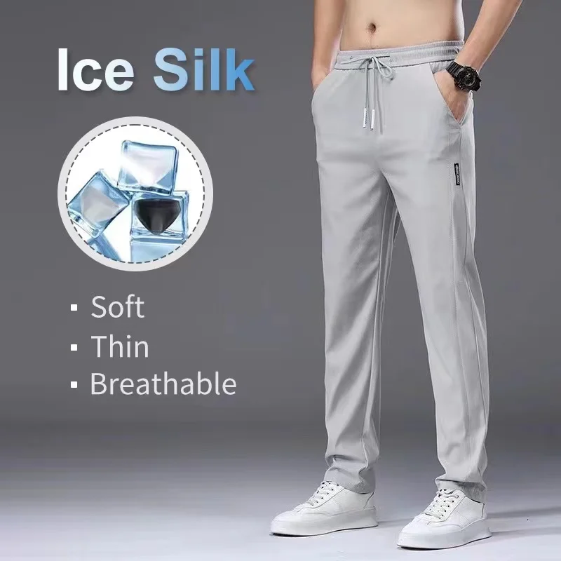 

Fashion Mens Ice Silk Pant Slim Soft Thin Breathable Lightweight Casual Hiking Pant Mens Trouser pantalones hombre