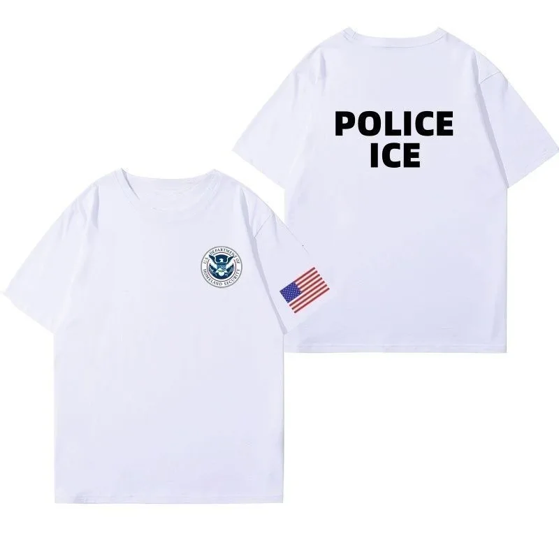 Trend US Immigration Tactical Investigation Team ICE Same LOGO Printed Pure Cotton Outer Wear Short-sleeved T-shirt T Shirt Men