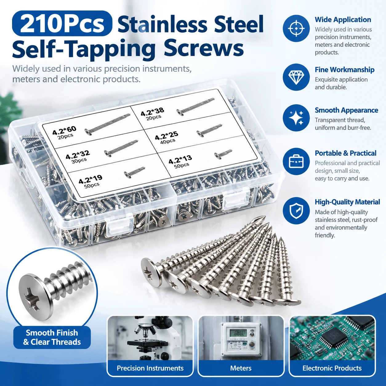 210Pcs Hexagon Washer Head Self Tapping Screws, Drill Tail Fastener Assortment Kit with Storage Box, 6 Sizes 13mm 19mm 25mm 32mm 38mm 50mm, Metal Screws for Furniture Assembly, Home Maintenance, Woodwork and DIY Repair Projects Hardware Set