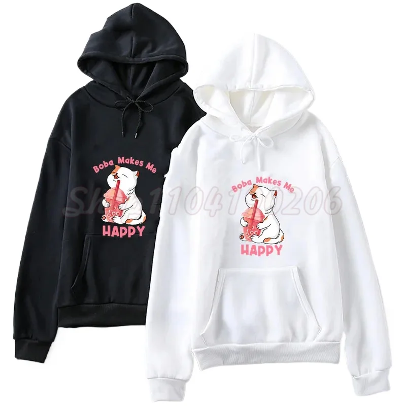 

2024 Boba Makes Me Happy Goth Cat Animals Hoodie Spring Autumn Fashion Clothes Women Casual Tops Long Sleeve Sweatshirts