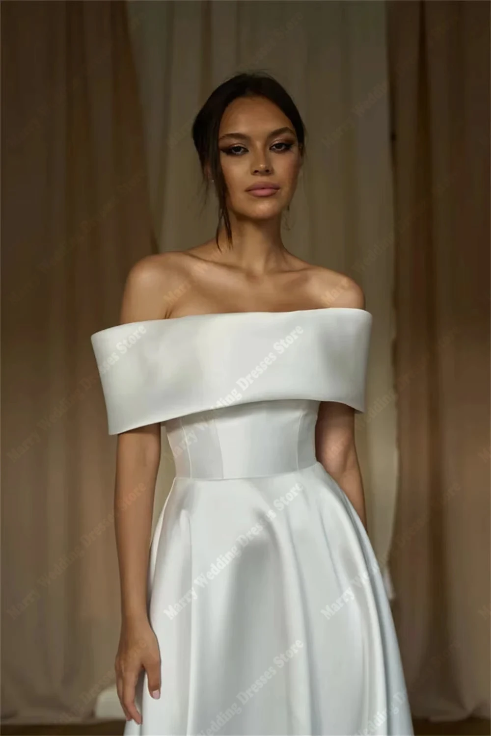 Abiti da sposa eleganti personalizzati con pieghe da donna con spalle scoperte Abiti da sposa a-line in raso per abiti da festa formali Para Mujer