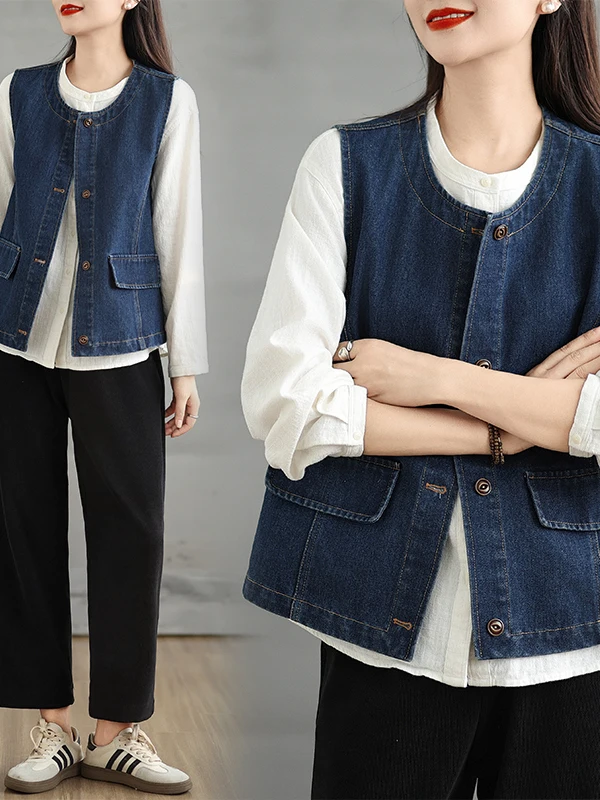 Gilet en Denim rétro pour femmes, vêtements d'extérieur d'automne, Design Sense, taille ort, Jaet, pour les déplacements, rond, fermeture à bouton unique