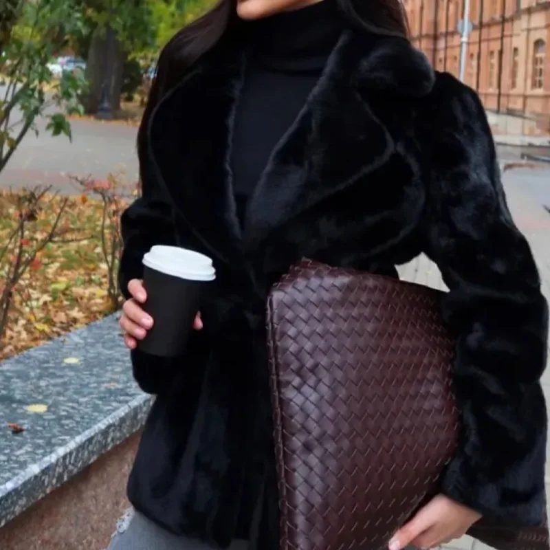 Chic Women Winter Short Faux Fur Coat Notched Lapel Belted Waist Open Front Thick Fluffy Warm New Casual Daily Outer Garment