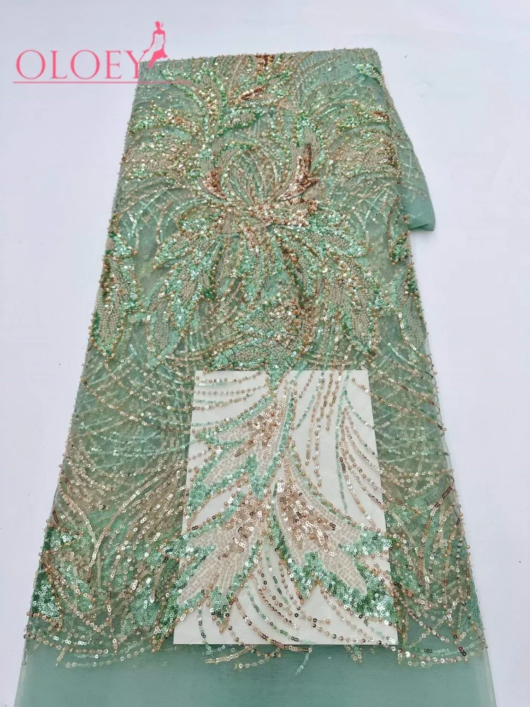 

OLOEY Wholesale Nigerian Beaded Lace Fabric Fashion French African Sequins Mesh Lace Fabric For Bridal Party Dress Sewing