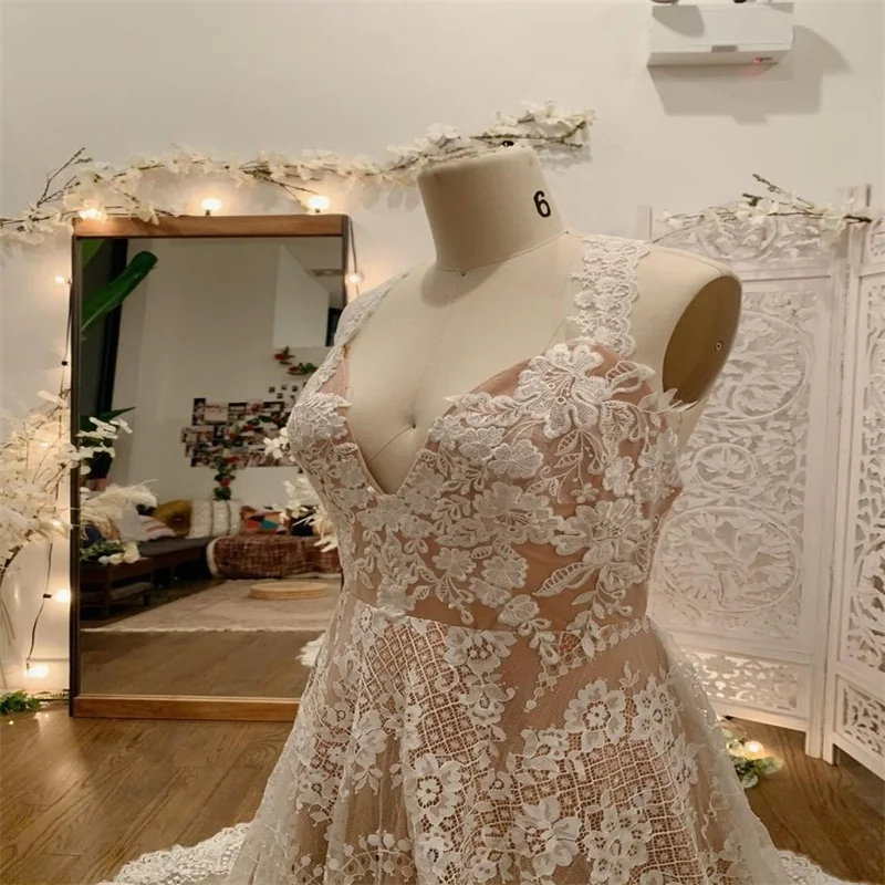 Plus size a linha vestidos de casamento boho sem mangas completo apliques lce bridl vestidos boêmio tribunal vestido personalizado mde vestido de